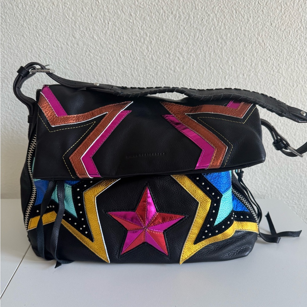 Aimee Kestenberg Black Leather Shoulder Bag with Metallic Star Appliqués - Picture 4 of 7
